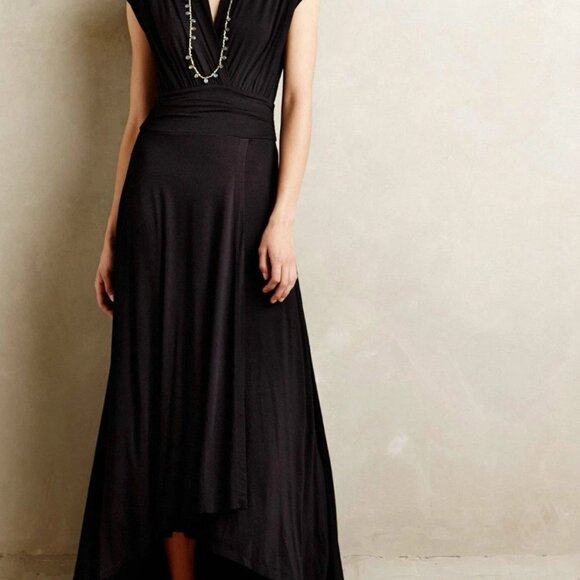 Anthropologie Maeve Maxi Dress Sz XS Desert Storm Black V-Neck Short Sleeve Slit - Picture 1 of 12